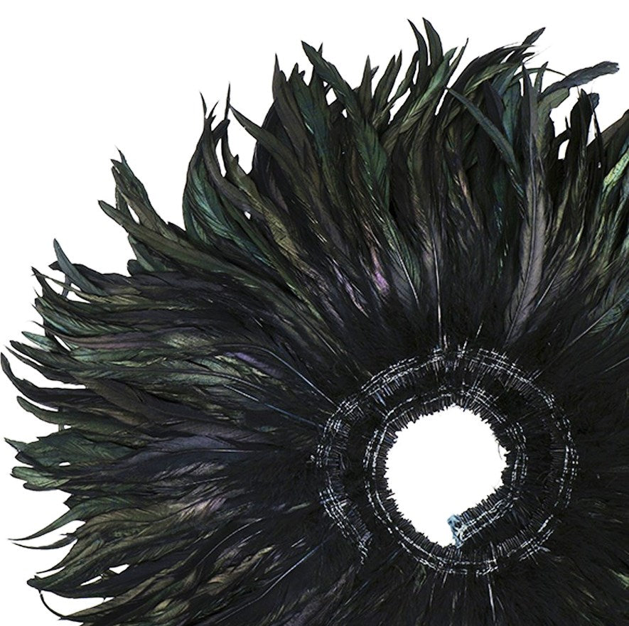 Close-up of black iridescent coque feathers, showcased on a string, demonstrating their beautiful sheen and texture.