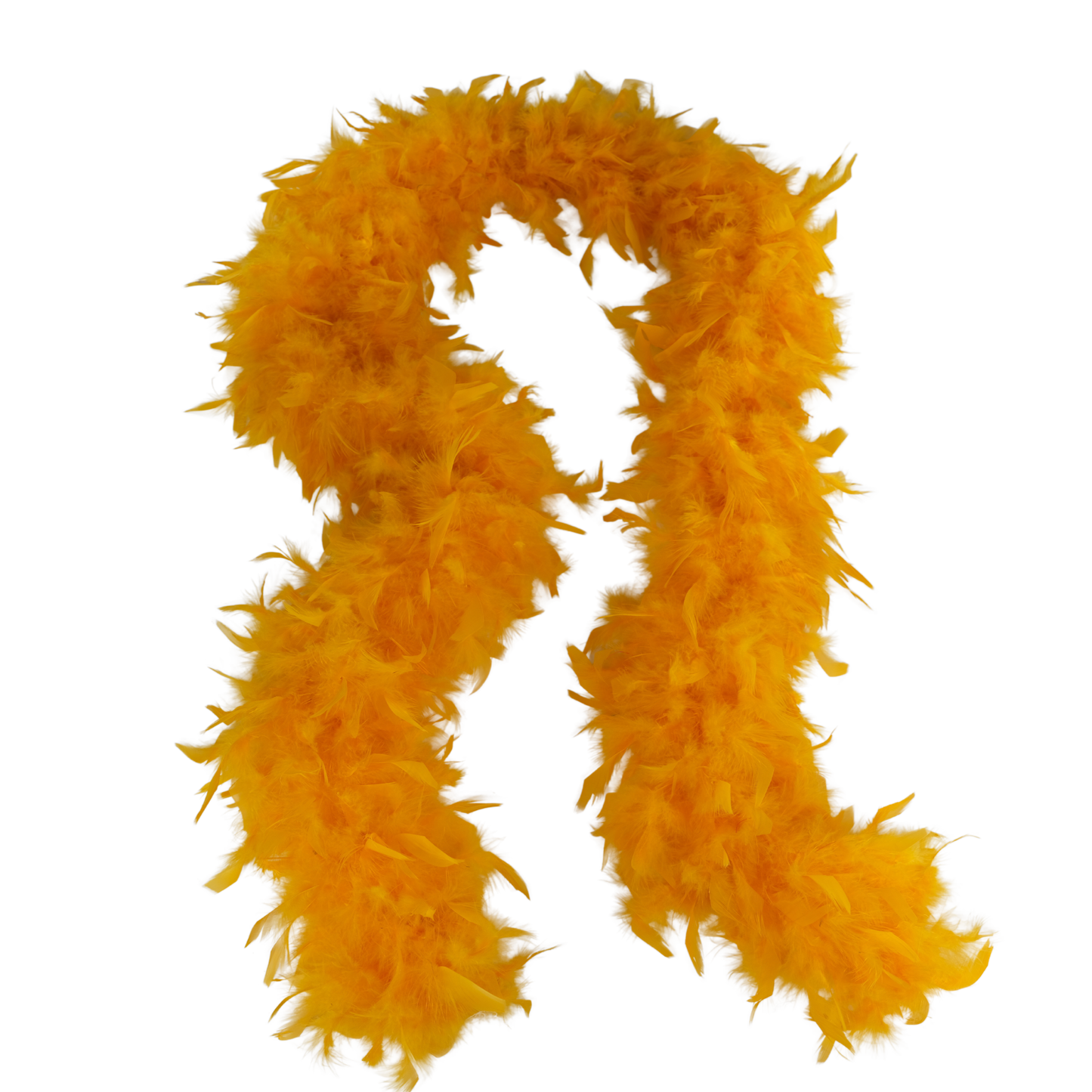 a gold color full heavy chandelle boa laying on a white background by Eskay Feathers