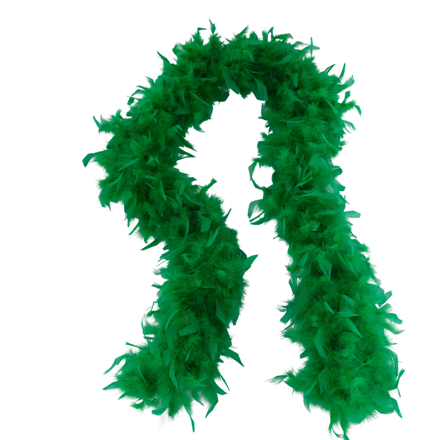 a Kelly green full heavy chandelle boa laying on a white background by Eskay Feathers