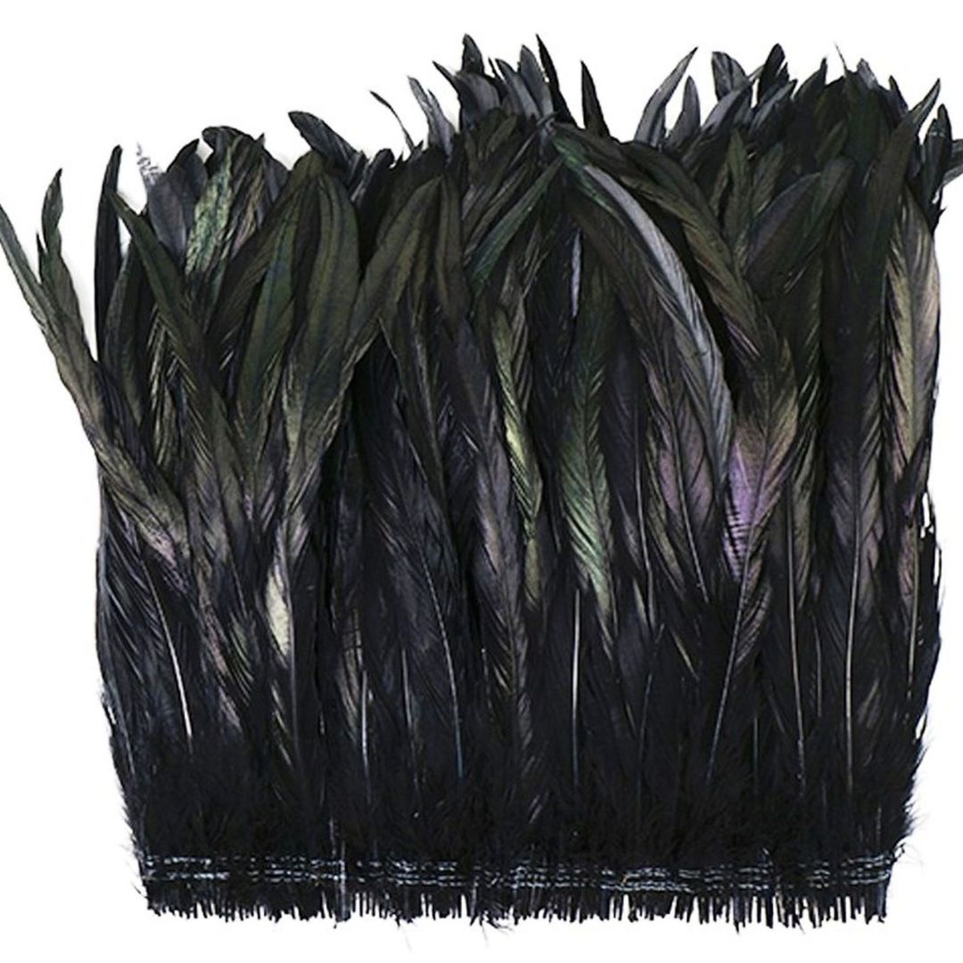 Black Iridescent Coque Fringe, a high-quality feather trim sold on a string, perfect for adding a touch of elegance to your projects.