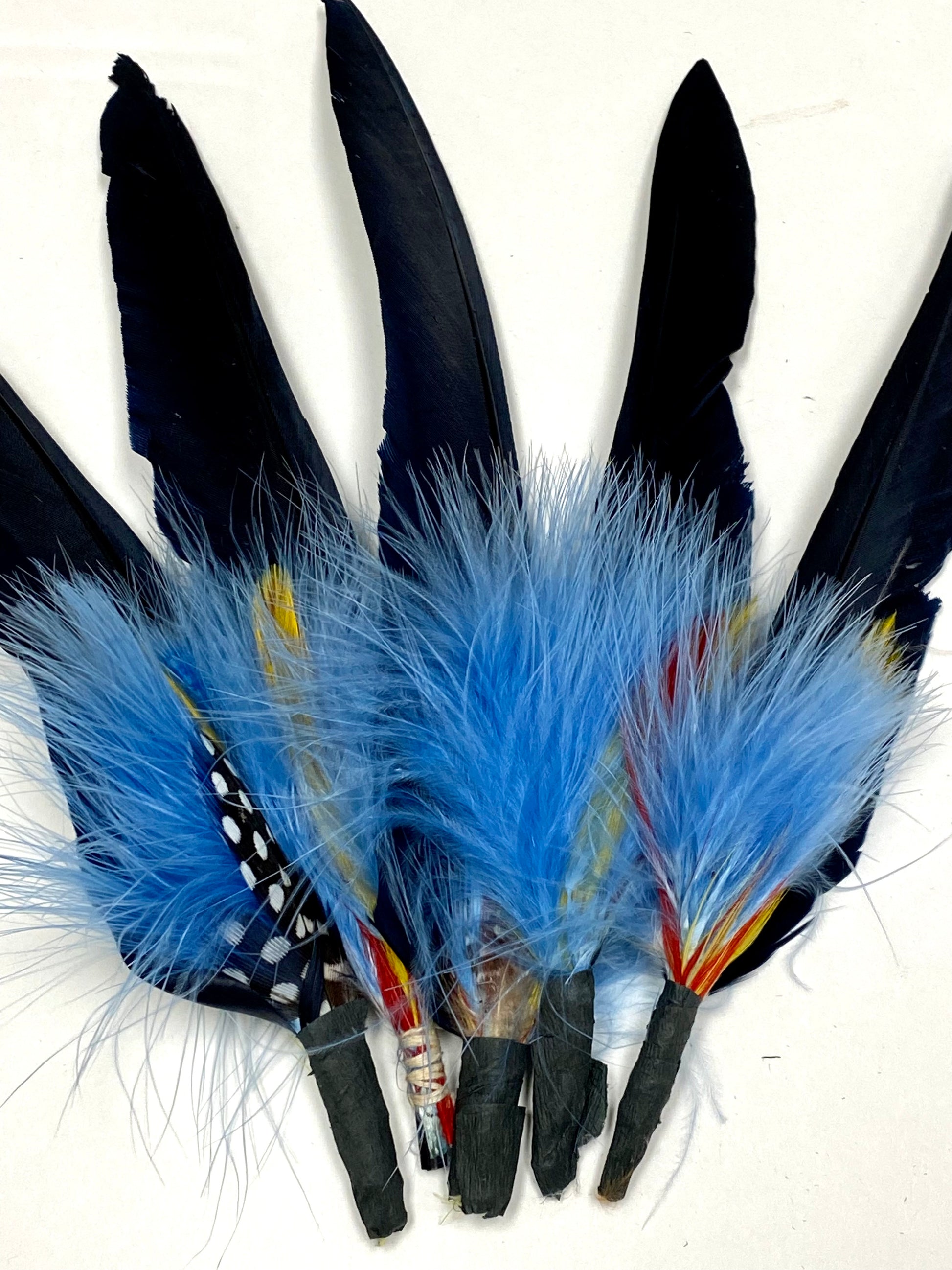 Set of five blue feather duck quills for DIY project. 