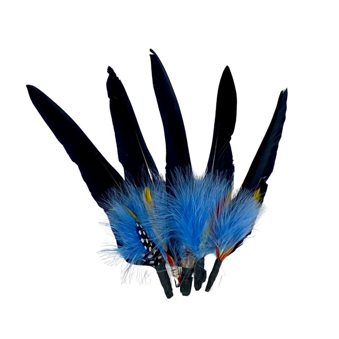 Blue Duck Quills, a set of 5 colorful and durable feathers, perfect for theatrical productions and other creative projects.