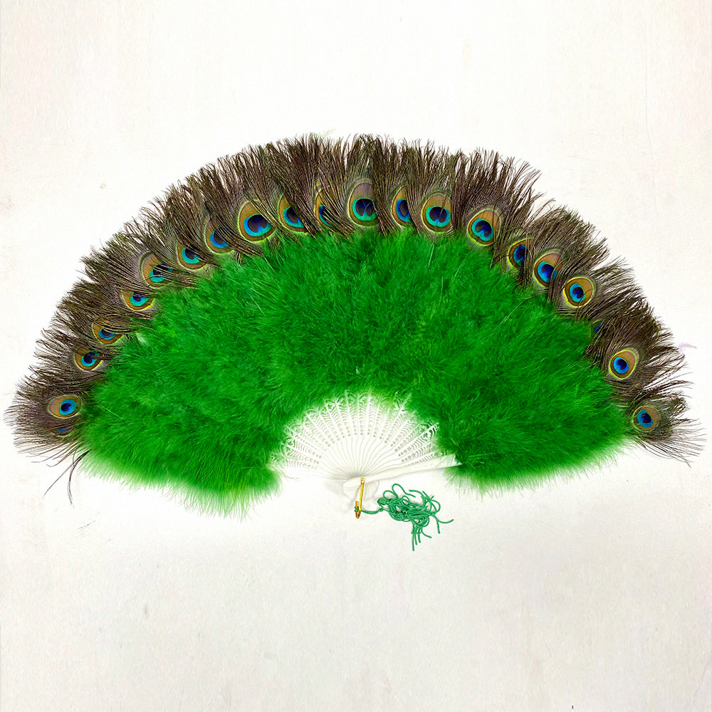 A Kelly green marabout fan with peacock tips