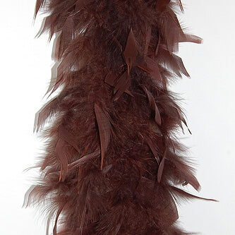brown lightweight chandelle feather boa closeup on white