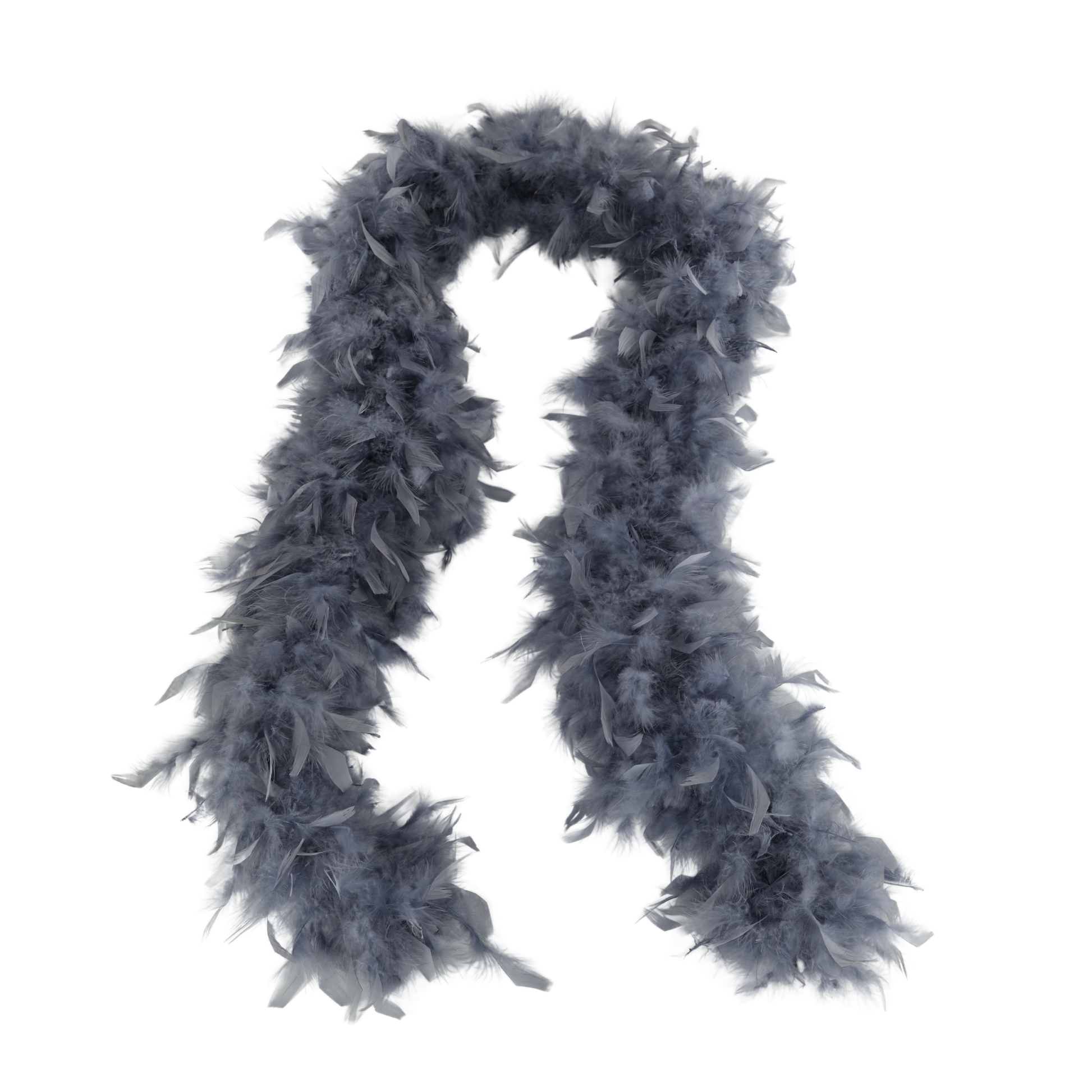 a silver colored full heavy chandelle boa laying on a white background by Eskay Feathers