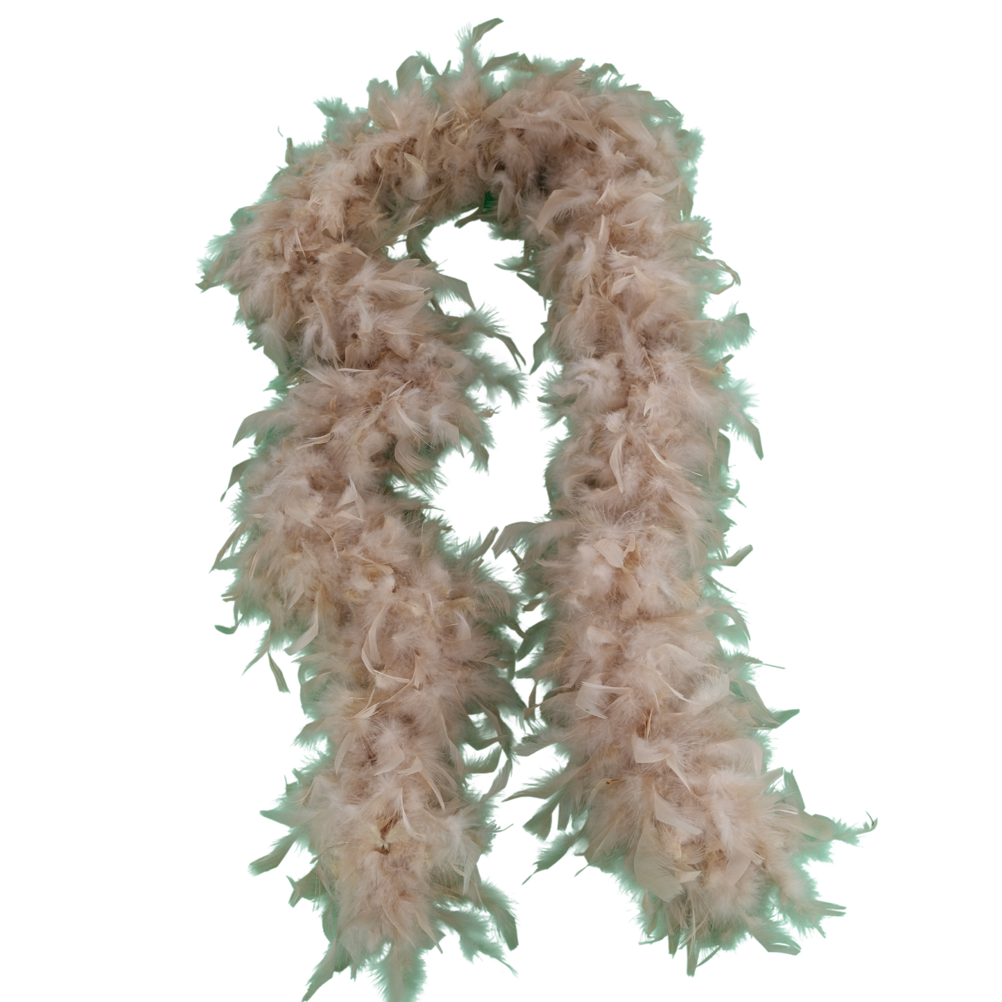 a beige, full heavy chandelle boa laying on a white background by Eskay Feathers