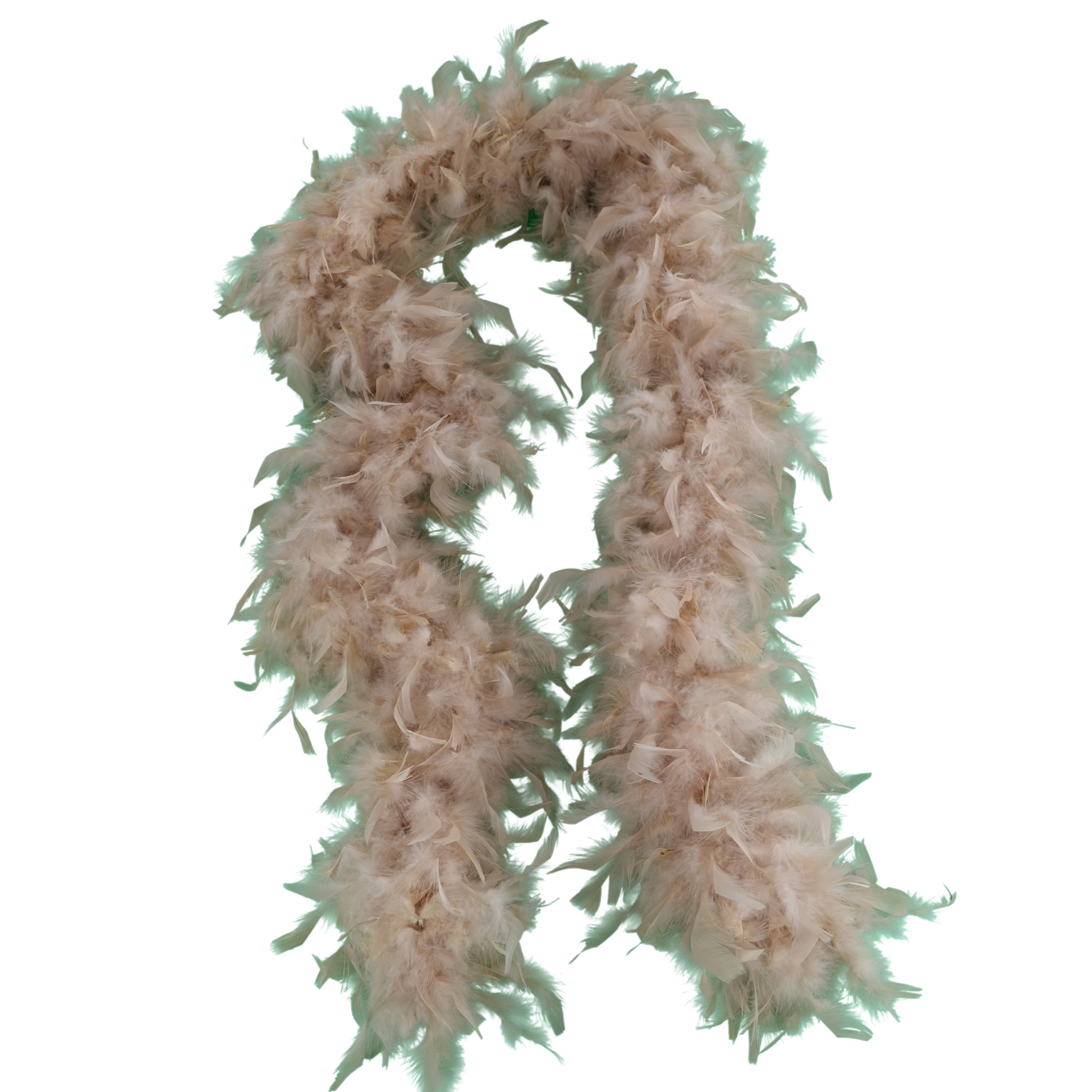 a beige, full heavy chandelle boa laying on a white background by Eskay Feathers