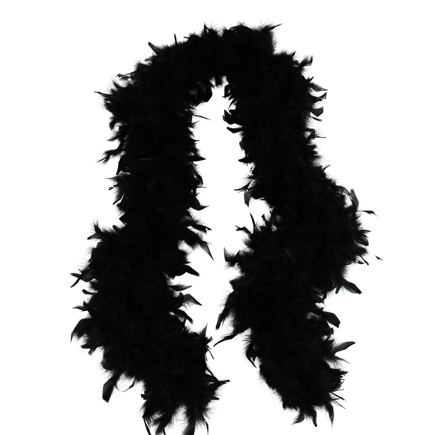 a black full heavy chandelle boa laying on a white background by Eskay Feathers