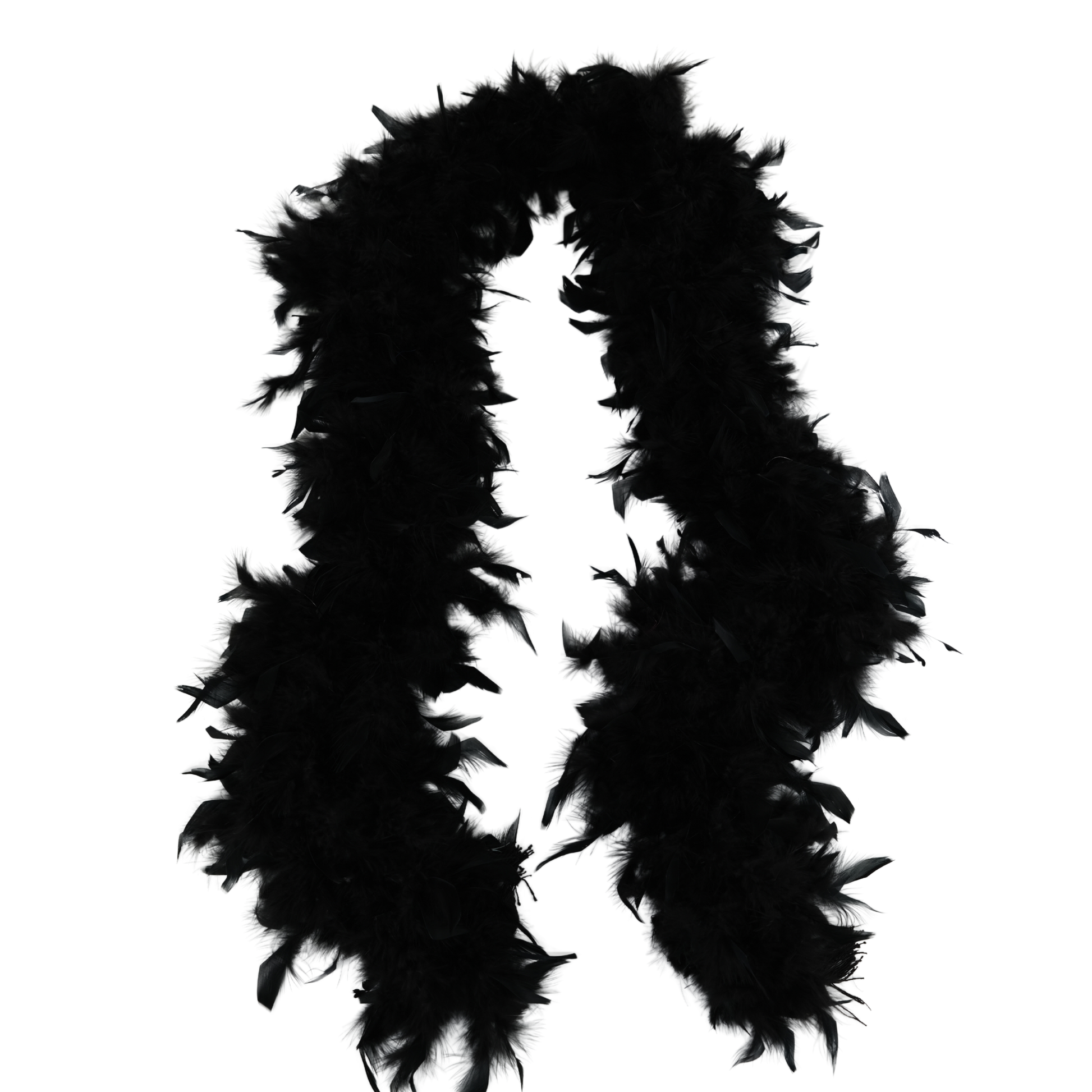 a black full heavy chandelle boa laying on a white background by Eskay Feathers