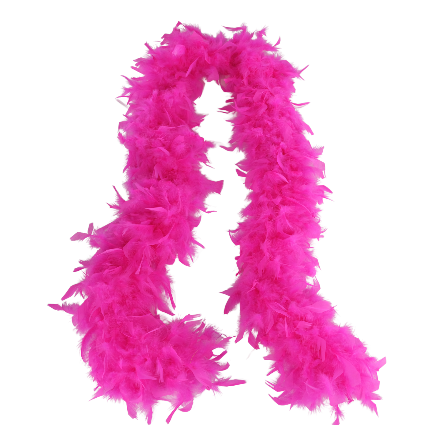 a cerise color  full heavy chandelle boa laying on a white background by Eskay Feathers