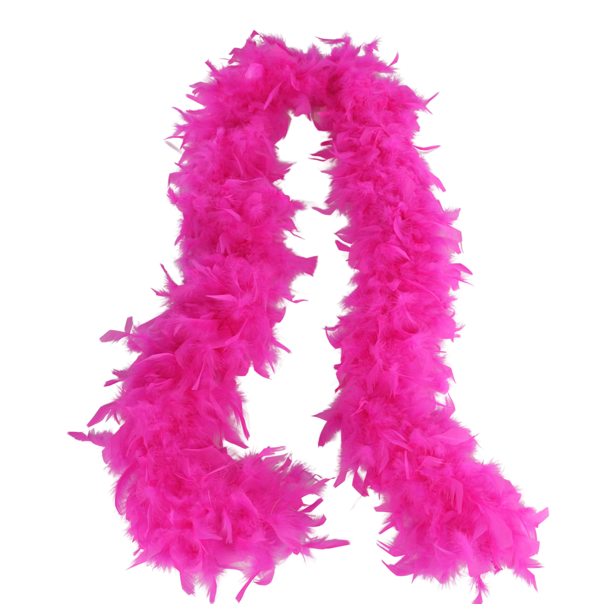 a cerise color  full heavy chandelle boa laying on a white background by Eskay Feathers