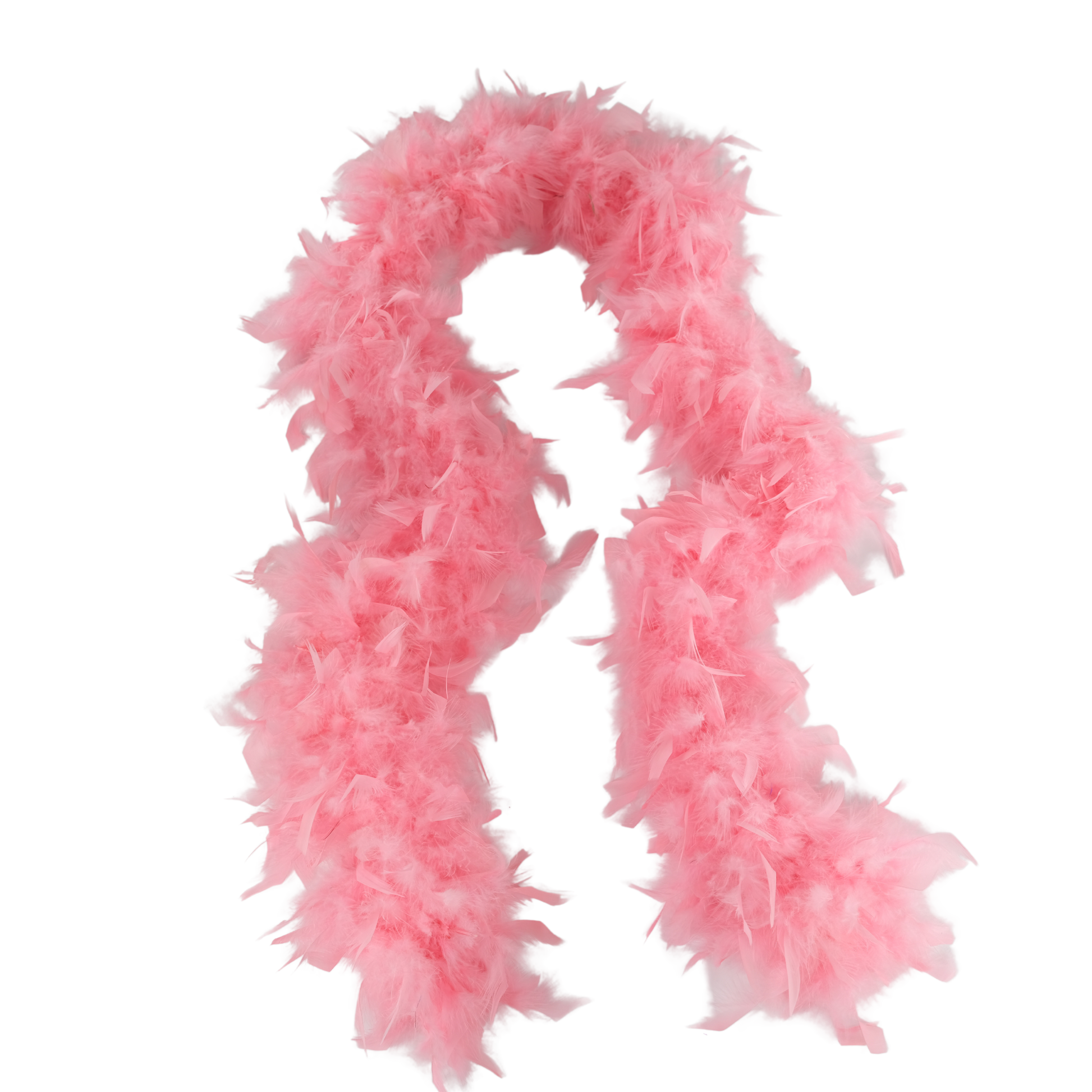 a coral color  full heavy chandelle boa laying on a white background by Eskay Feathers