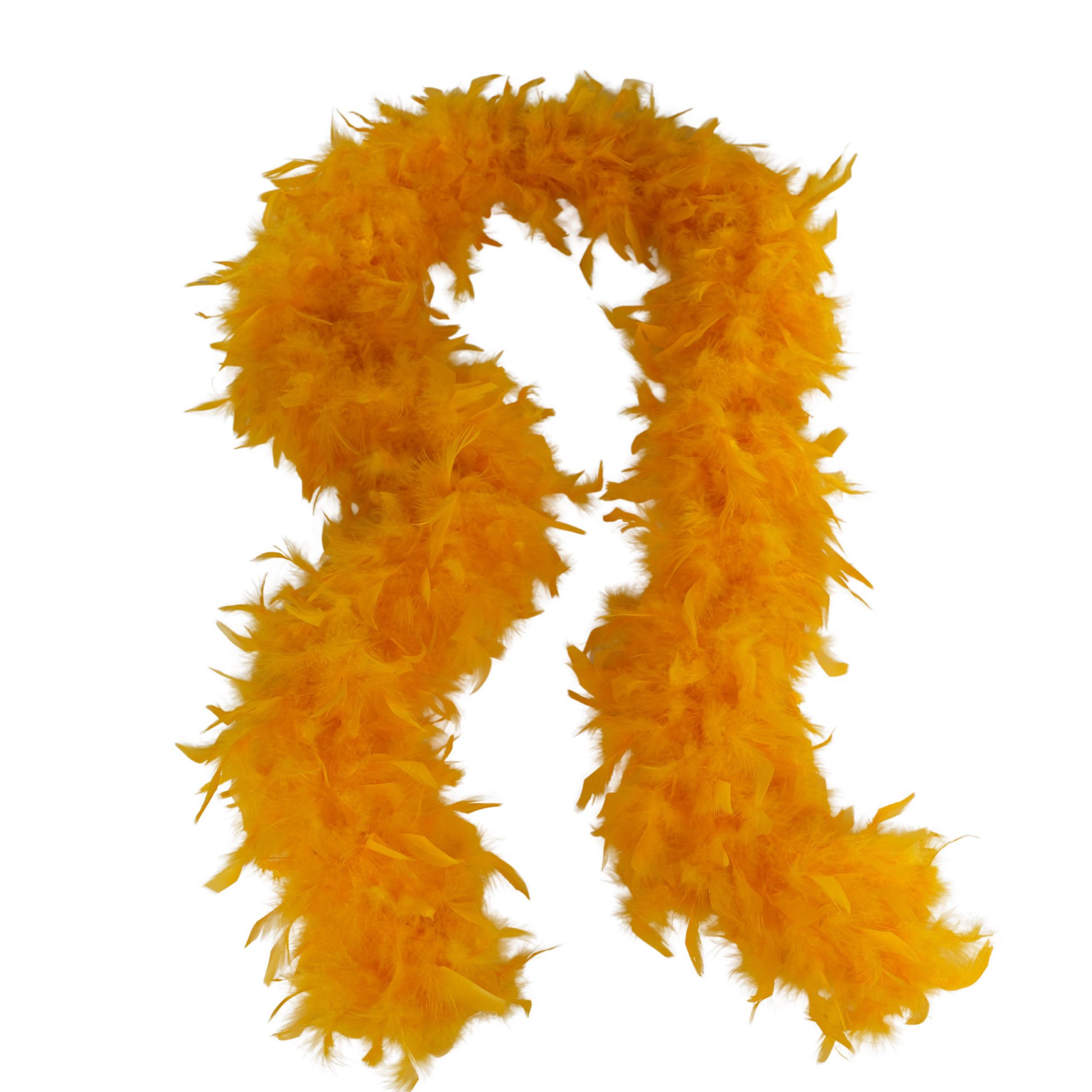 a gold color full heavy chandelle boa laying on a white background by Eskay Feathers