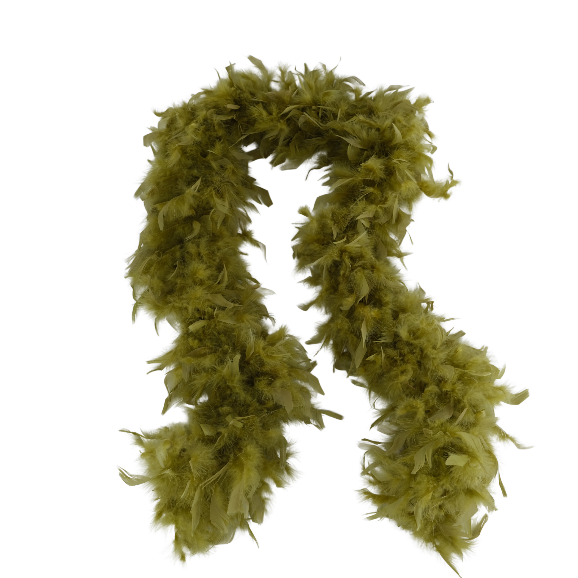 a moss colored full heavy chandelle boa laying on a white background by Eskay Feathers