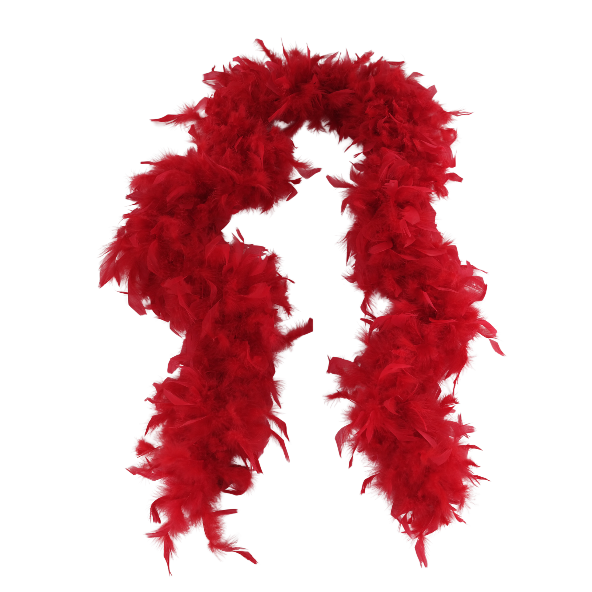 a red colored full heavy chandelle boa laying on a white background by Eskay Feathers