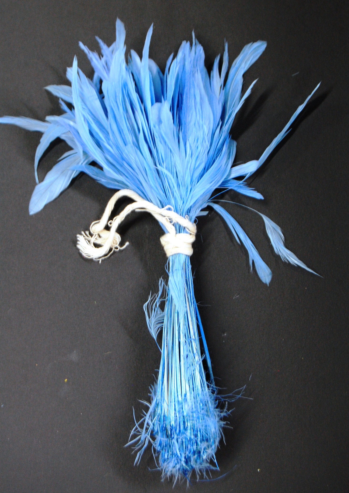 Sky Blue rooster feathers on a black table by Eskay Feathers